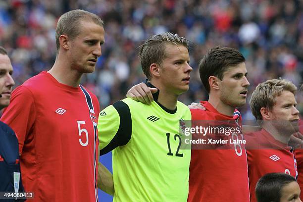 Brede Hangeland, Orjan Haskjold Nyland and Havard Nordtveit of Norway during the International Friendly games between France and Norway at Stade de...