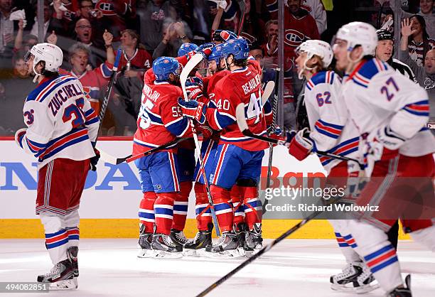 Rene Bourque of the Montreal Canadiens celebrates his second period goal at 6:54 against the New York Rangers during Game Five of the Eastern...