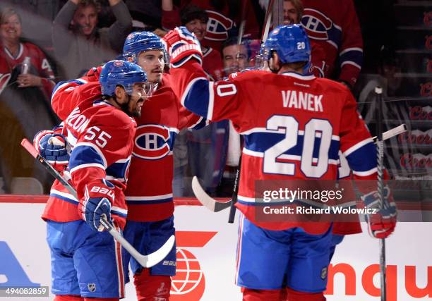 Rene Bourque of the Montreal Canadiens celebrates his second period goal at 6:54 against the New York Rangers during Game Five of the Eastern...