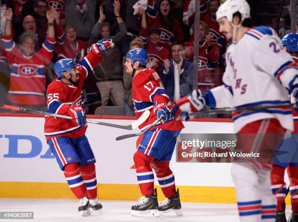 Rene Bourque of the Montreal Canadiens celebrates his second period goal at 6:54 against the New York Rangers during Game Five of the Eastern...