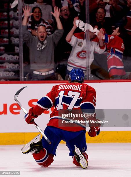 Rene Bourque of the Montreal Canadiens celebrates his second period goal at 6:54 against the New York Rangers during Game Five of the Eastern...