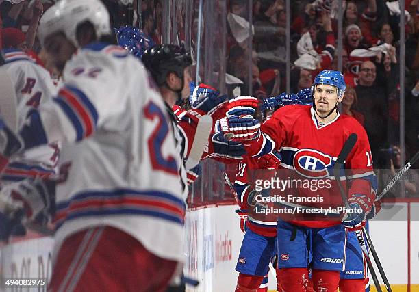 Rene Bourque of the Montreal Canadiens celebrates his second period goal at 6:54 against the New York Rangers during Game Five of the Eastern...