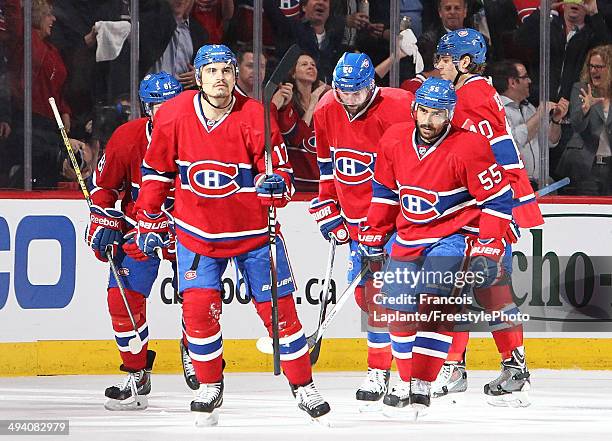 Rene Bourque of the Montreal Canadiens celebrates his second period goal at 6:54 against the New York Rangers during Game Five of the Eastern...