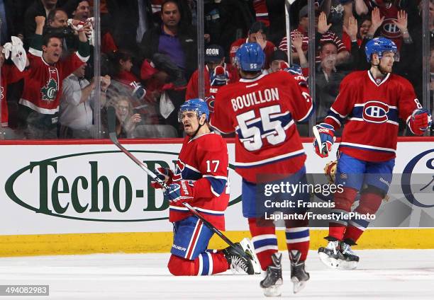 Rene Bourque of the Montreal Canadiens celebrates his second period goal at 6:54 against the New York Rangers during Game Five of the Eastern...