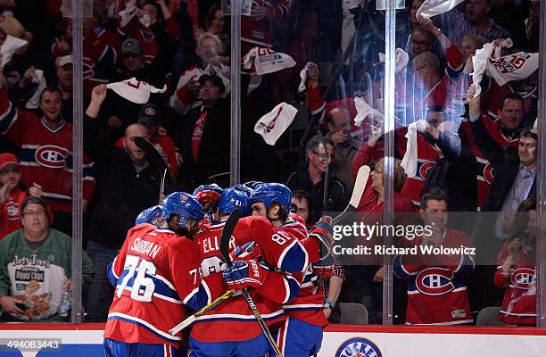 Rene Bourque of the Montreal Canadiens celebrates his second period goal at 15:10 against the New York Rangers during Game Five of the Eastern...