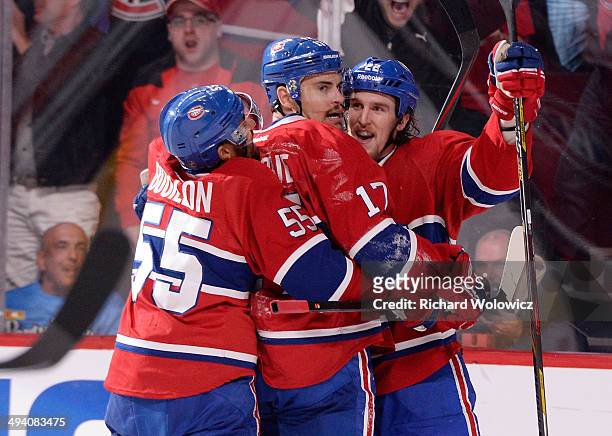 Rene Bourque of the Montreal Canadiens celebrates his second period goal at 15:10 against the New York Rangers during Game Five of the Eastern...