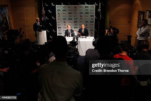 Ben Halloran and Mark Bresciano of Australia speak to the media prior to departing for Brazil ahead of the 2014 FIFA World Cup, at Sydney...