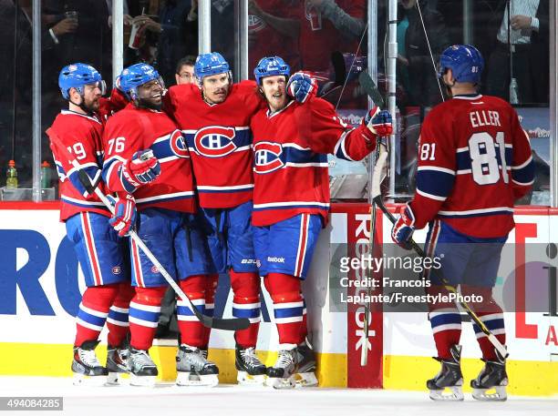 Rene Bourque of the Montreal Canadiens celebrates his third goal of the game in the third period at 6:33 against the New York Rangers during Game...