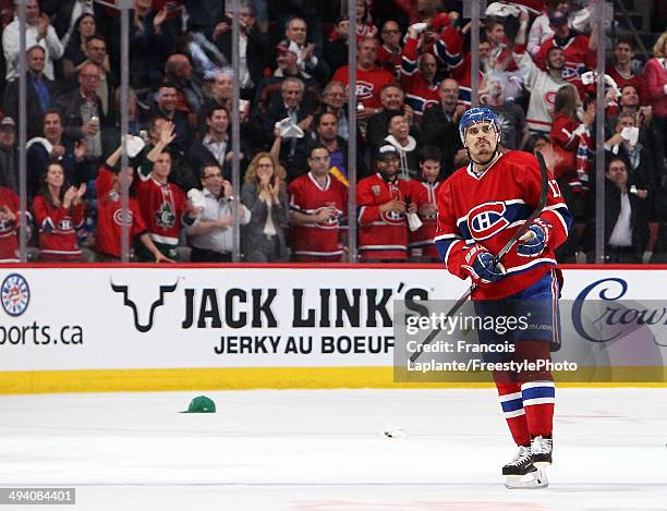 Rene Bourque of the Montreal Canadiens celebrates his third goal of the game in the third period at 6:33 against the New York Rangers during Game...