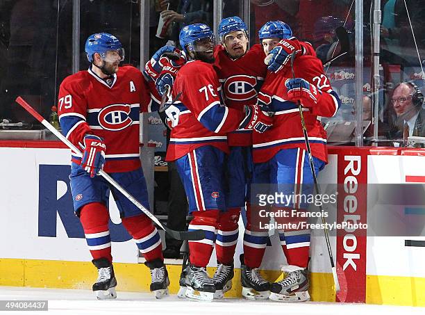 Rene Bourque of the Montreal Canadiens celebrates with P.K. Subban after his third goal of the game in the third period at 6:33 against the New York...