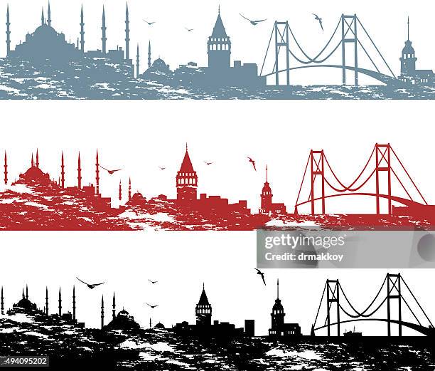 bildbanksillustrationer, clip art samt tecknat material och ikoner med istanbul skyline - turkiets flagga