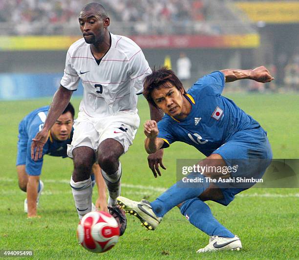 Hiroyuki Taniguchi of Japan shoots at goal during the Men's Group B match between Japan and USA on Day -1 of the Beijing 2008 Olympic Games on August...