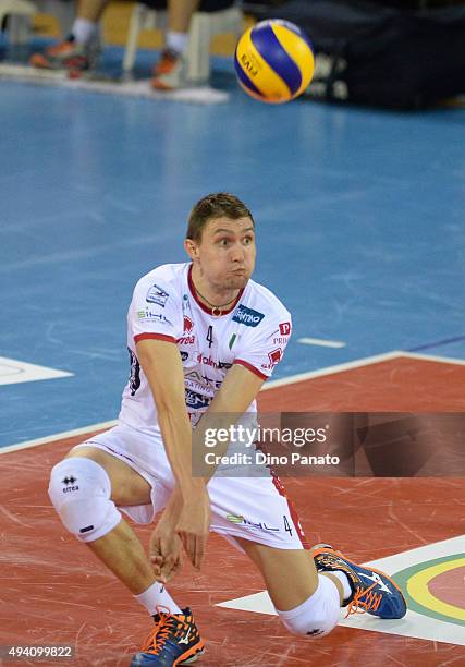 Oleg Antonov of Diatec Trentino returns the ball during the Italian Volleyball Supercup at Palapannini on October 24, 2015 in Modena, Italy.