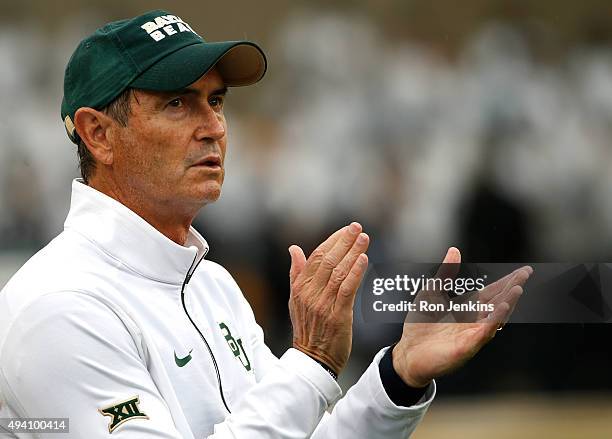 Baylor Bears head coach Art Briles applauds his team as the Bears take on the Iowa State Cyclones in the second half at McLane Stadium on October 24,...