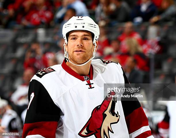 Steve Downie of the Arizona Coyotes looks on against the New Jersey Devils during the game at the Prudential Center on October 20, 2015 in Newark,...