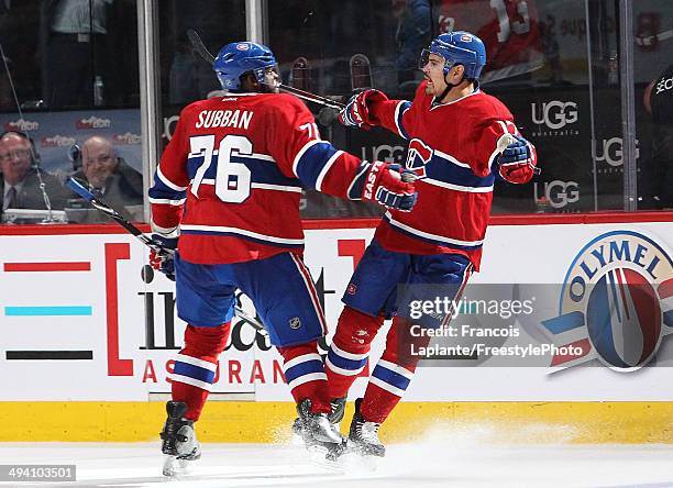 Rene Bourque of the Montreal Canadiens celebrates with P.K. Subban after his third goal of the game in the third period at 6:33 against the New York...