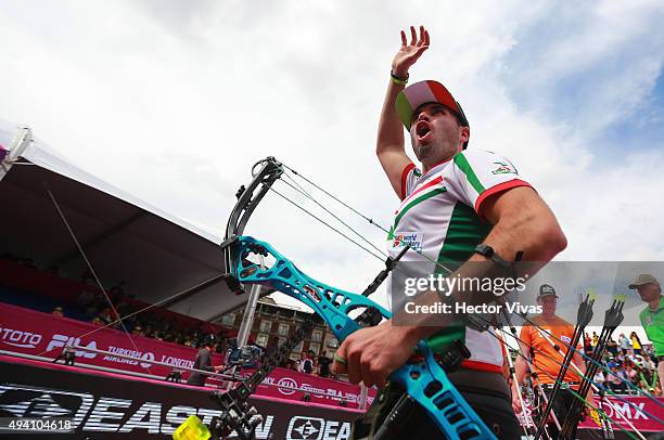 Mario Cardoso of Mexico celebrates during the compound men's individual competition as part of the Mexico City 2015 Archery World Cup Final at Zocalo...