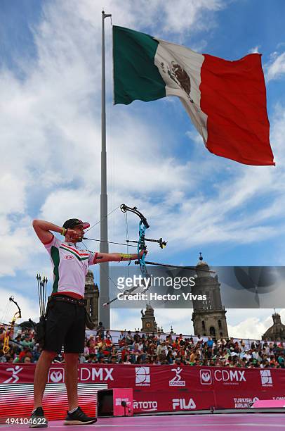 Mario Cardoso of Mexico shoots during the compound men's individual competition as part of the Mexico City 2015 Archery World Cup Final at Zocalo...