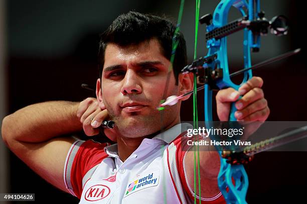 Demir Elmaagalci of Turkey shoots during the compound men's individual competition as part of the Mexico City 2015 Archery World Cup Final at Zocalo...