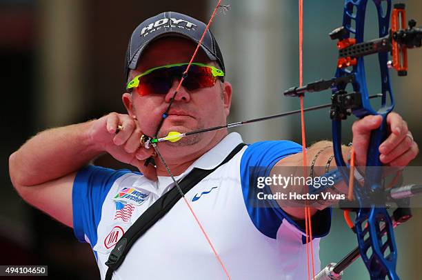 Reo Wilde of USA shoots during the compound men's individual competition as part of the Mexico City 2015 Archery World Cup Final at Zocalo Main...