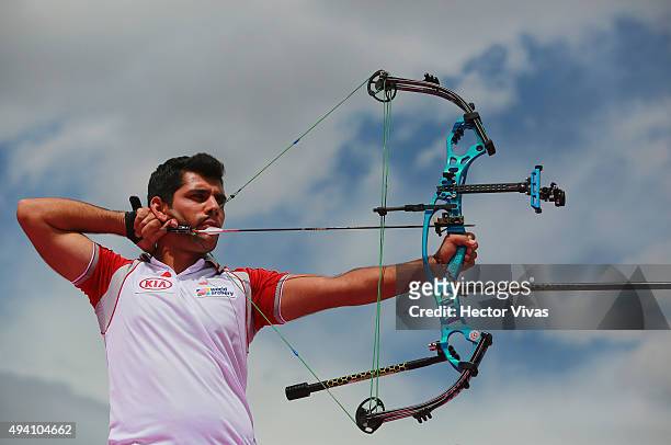 Demir Elmaagalci of Turkey shoots during the compound men's individual competition as part of the Mexico City 2015 Archery World Cup Final at Zocalo...