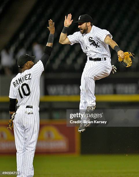 Alexei Ramirez and Adam Eaton of the Chicago White Sox celebrate their 2-1 win over the Cleveland Indians at U.S. Cellular Field on May 28, 2014 in...