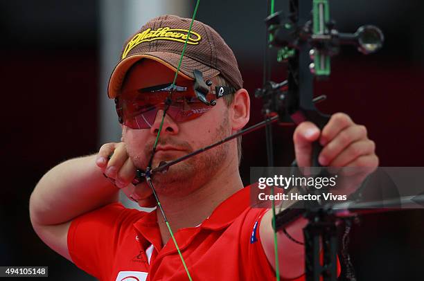 Martin Damsbo of Denmark shoots during the compound men's individual competition as part of the Mexico City 2015 Archery World Cup Final at Zocalo...