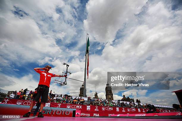 Martin Damsbo of Denmark shoots during the compound men's individual competition as part of the Mexico City 2015 Archery World Cup Final at Zocalo...