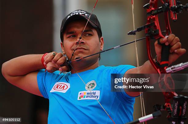 Abhishek Verma of India shoots during the compound men's individual competition as part of the Mexico City 2015 Archery World Cup Final at Zocalo...