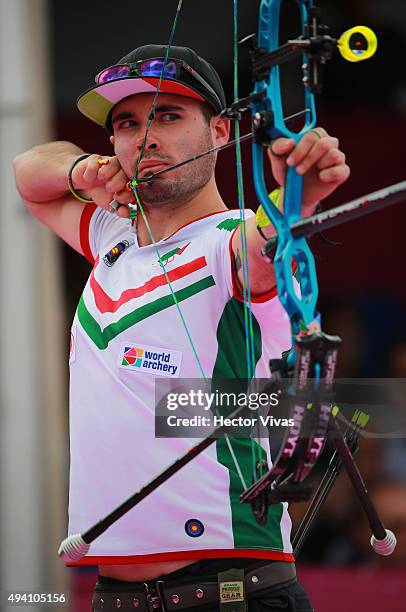 Mario Cardoso of Mexico shoots during the compound men's individual competition as part of the Mexico City 2015 Archery World Cup Final at Zocalo...