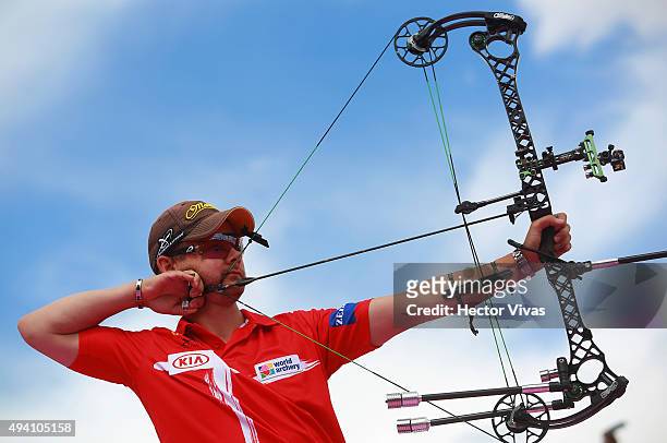 Martin Damsbo of Denmark shoots during the compound men's individual competition as part of the Mexico City 2015 Archery World Cup Final at Zocalo...