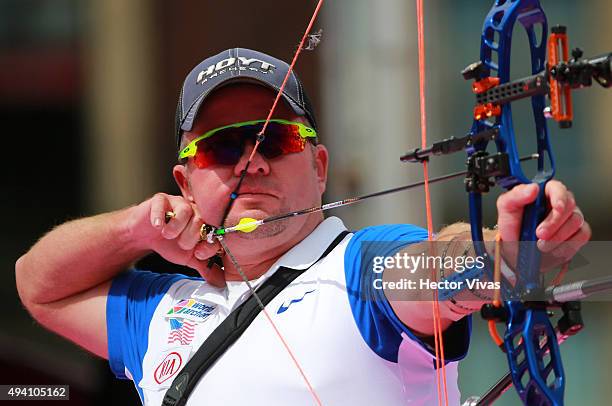 Reo Wilde of USA shoots during the compound men's individual competition as part of the Mexico City 2015 Archery World Cup Final at Zocalo Main...