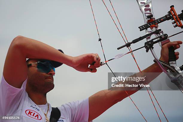 Sebastien Peineau of France shoots during the compound men's individual competition as part of the Mexico City 2015 Archery World Cup Final at Zocalo...