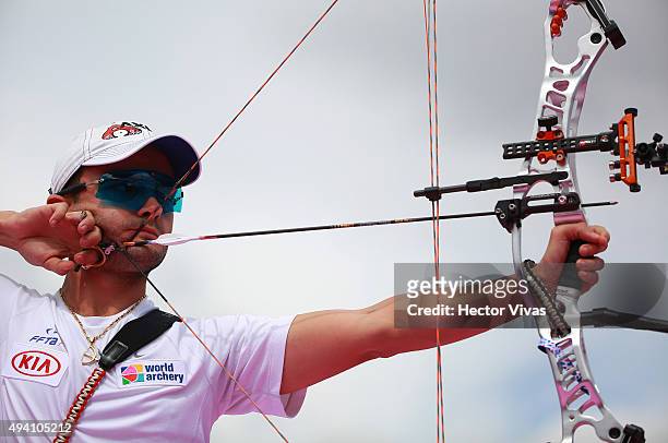 Sebastien Peineau of France shoots during the compound men's individual competition as part of the Mexico City 2015 Archery World Cup Final at Zocalo...