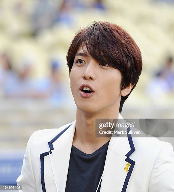 Korean singer Jung Yong-hwa before the game between the Los Angeles Dodgers and Cincinnati Reds on May 27, 2014 in Los Angeles, California.