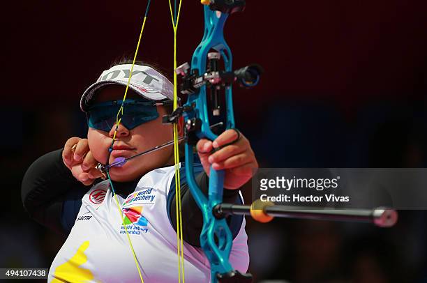 Alejandra Usquiano of Colombia shoots during the compound women's individual competition as part of the Mexico City 2015 Archery World Cup Final at...