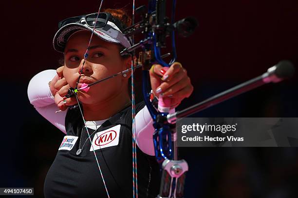 Stephanie Salinas of Mexico shoots during the compound women's individual competition as part of the Mexico City 2015 Archery World Cup Final at...