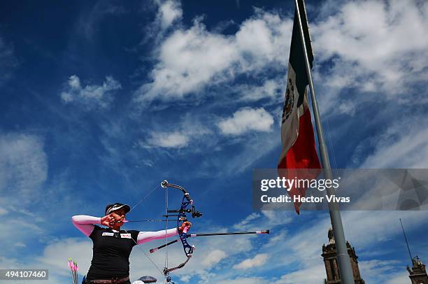 Stephanie Salinas of Mexico shoots during the compound women's individual competition as part of the Mexico City 2015 Archery World Cup Final at...