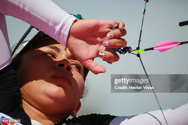 Stephanie Salinas of Mexico shoots during the compound women's individual competition as part of the Mexico City 2015 Archery World Cup Final at...