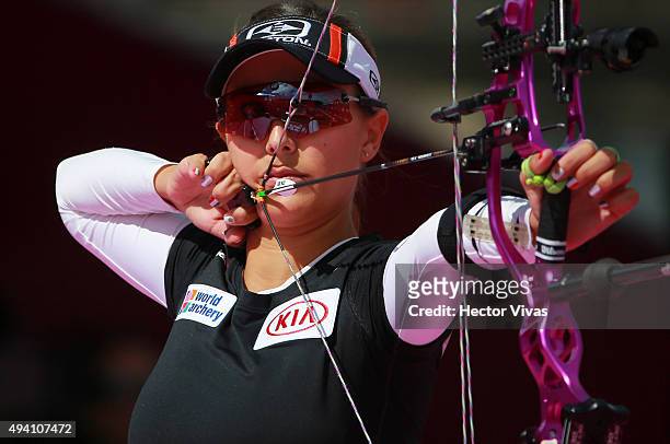 Linda Ochoa of Mexico shoots during the compound women's individual competition as part of the Mexico City 2015 Archery World Cup Final at Zocalo...