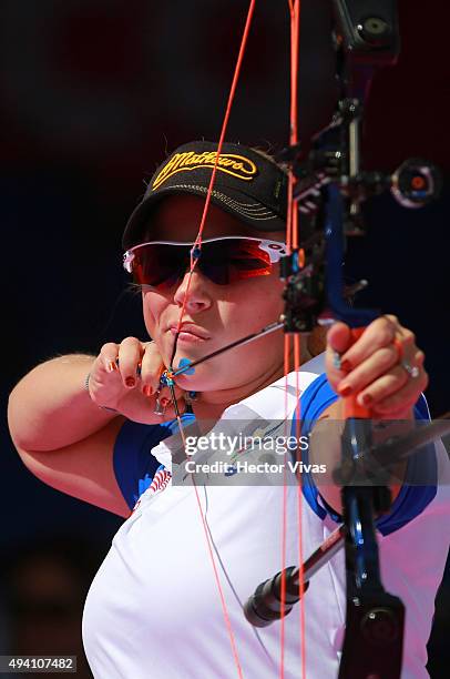 Crystal Gauvin of USA shoots during the compound women's individual competition as part of the Mexico City 2015 Archery World Cup Final at Zocalo...