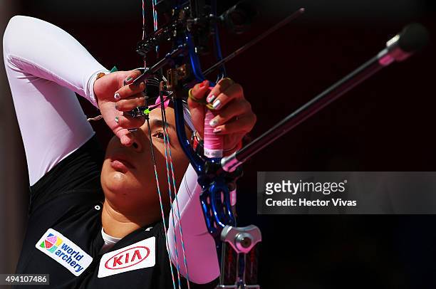 Stephanie Salinas of Mexico shoots during the compound women's individual competition as part of the Mexico City 2015 Archery World Cup Final at...
