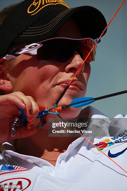 Crystal Gauvin of USA shoots during the compound women's individual competition as part of the Mexico City 2015 Archery World Cup Final at Zocalo...