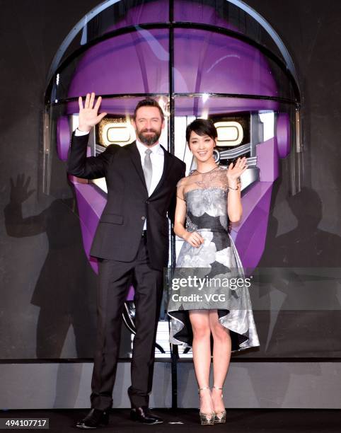 Actor Hugh Jackman and actress Ayame Goriki attend 'X-Men: Days of Future Past' premiere at Roppongi Hills Arena on May 27, 2014 in Tokyo, Japan.