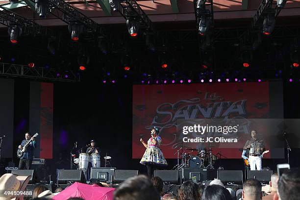 Musicians Marcos Sandoval, Miguel Ramirez, La Marisoul, Jose Carlos and Alex Bendana perform ontage during 'L Festival Feria Cultural...