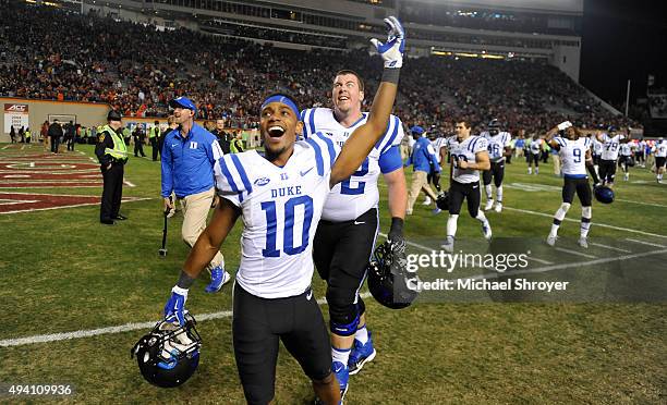 Wide receiver Ryan Smith of the Duke Blue Devils celebrates following the victory against the Virginia Tech Hokies at Lane Stadium on October 24,...