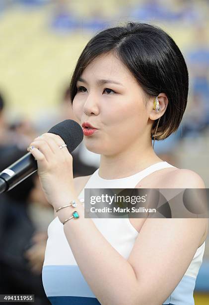 Korean singer Cho Yong Jin, aka ALi during a sound check before the game between the Los Angeles Dodgers and Cincinnati Reds on May 27, 2014 in Los...