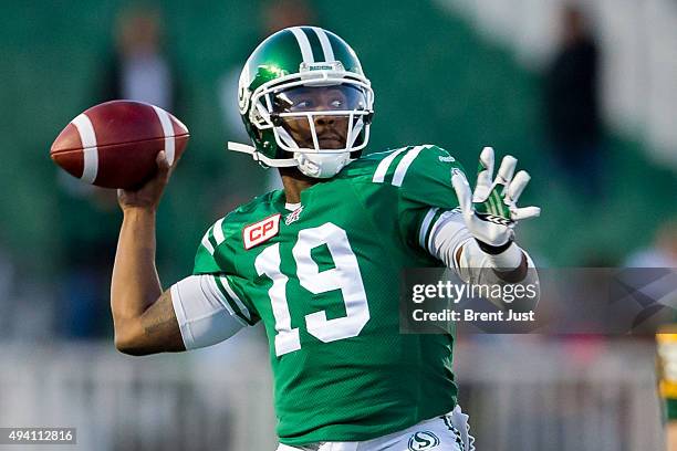 Keith Price of the Saskatchewan Roughriders throwing his first ever pass in the CFL which went for a touchdown in the first half the game between the...