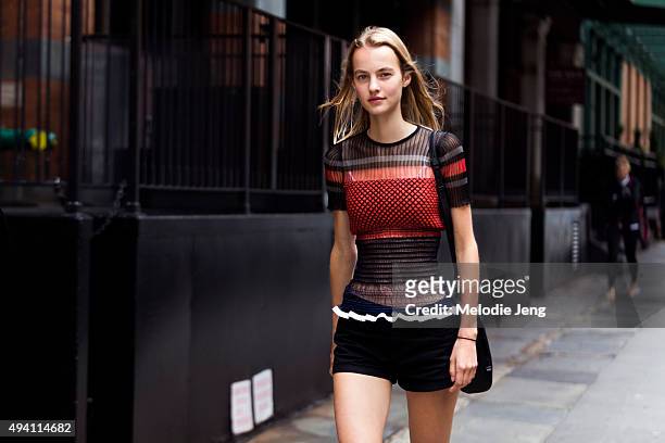 Dutch model Maartje Verhoef on September 11, 2015 in New York City. Maartje wears a multi-fabric Givenchy red, white, and black corset-style short...