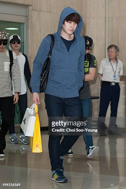 Super Junior are seen at Gimpo International Airport on May 23, 2014 in Seoul, South Korea.